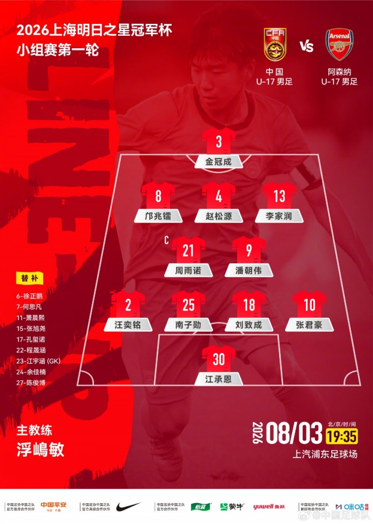 中国U17对阵阿森纳U17首发名单出炉