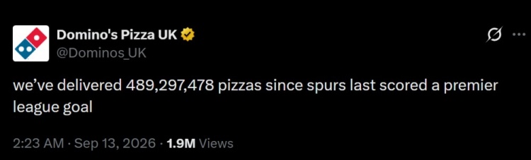 达美乐继续嘲讽：自热刺上次在英超进球以来，已卖出近5亿份披萨