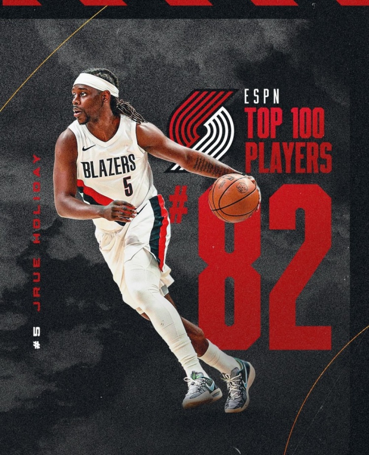 开拓者晒队内ESPN前100球员：克林根95 莫兰特77 利拉德69 阿福27
