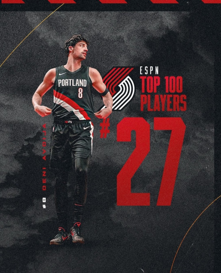 开拓者晒队内ESPN前100球员：克林根95 莫兰特77 利拉德69 阿福27